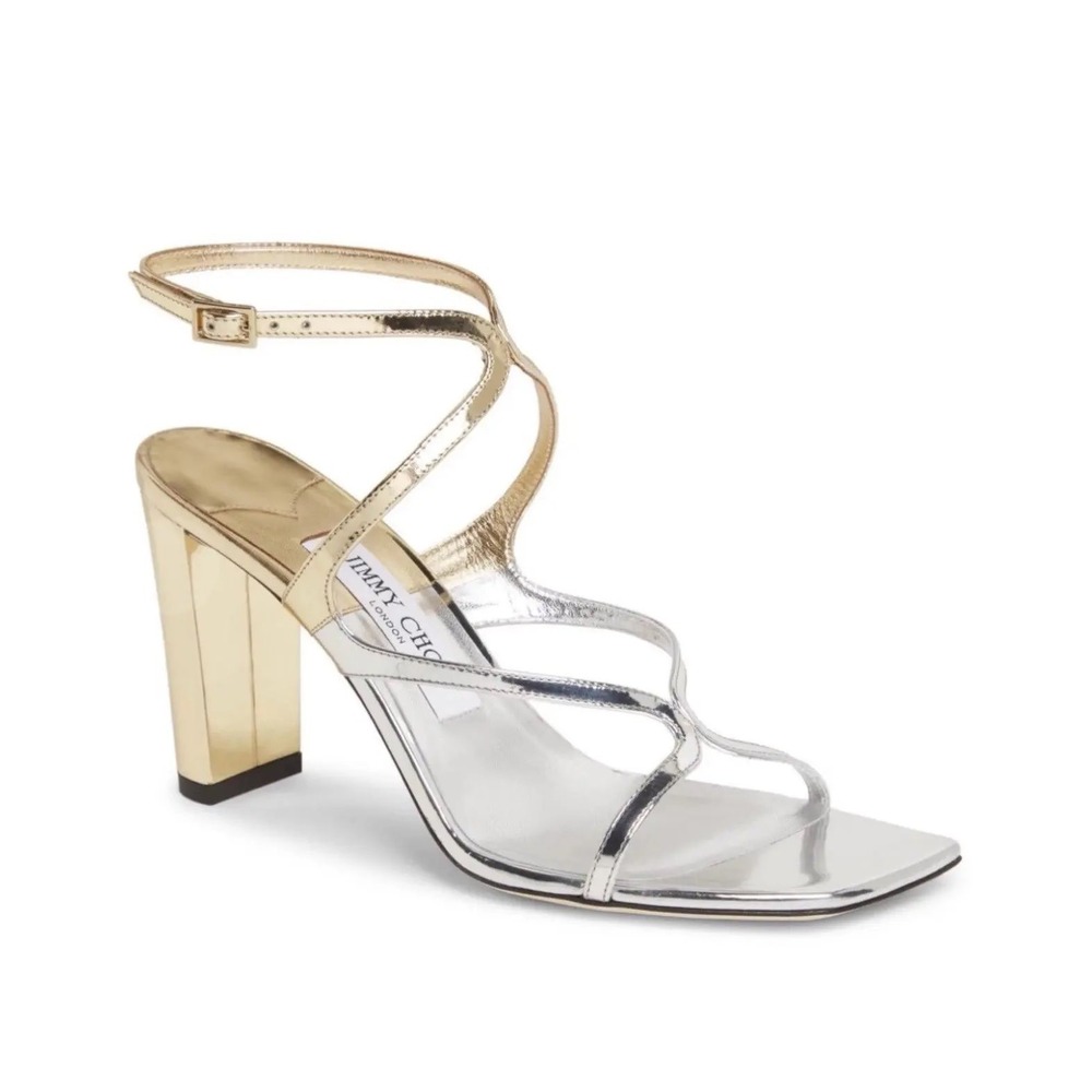 Jimmy Choo Gold Silver Metallic Strappy Square Toe‎ Heel Sandals Size 40